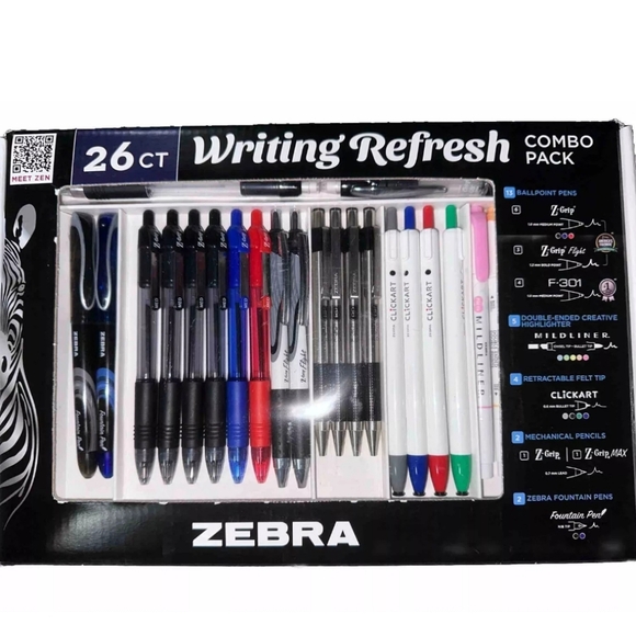 Zebra Other - Zebra Pens Combo Pack Writing Refresh 26 Count Z-Grip ClickArt Fountain …